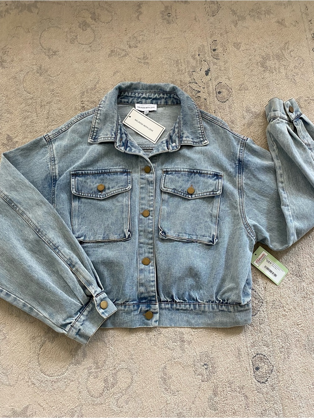 Melrose With Love 100% Cotton Denim Jacket Cropped Puff Sleeves Feminine